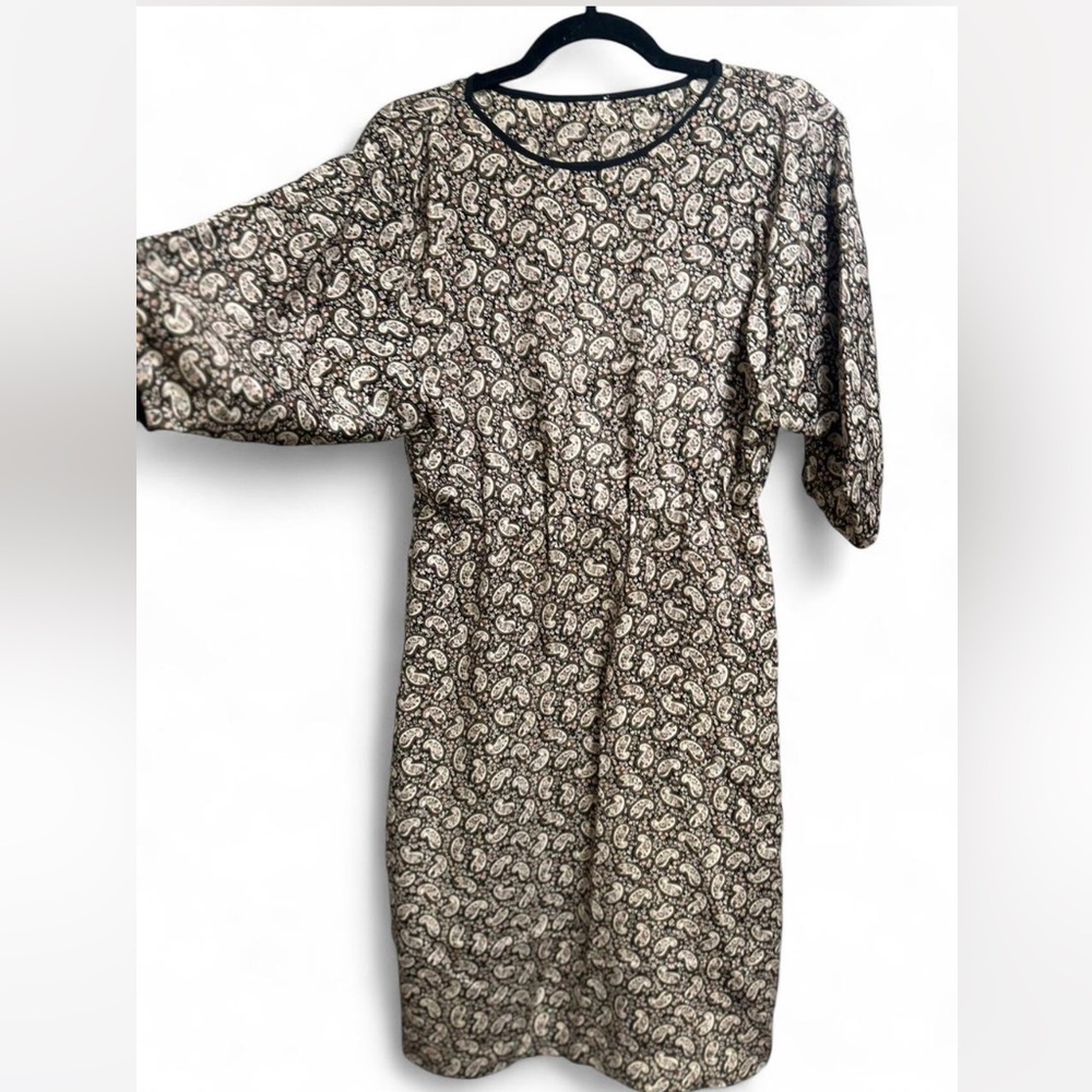 Vintage Black Pink and Cream Paisley Midi Chiffon Dress